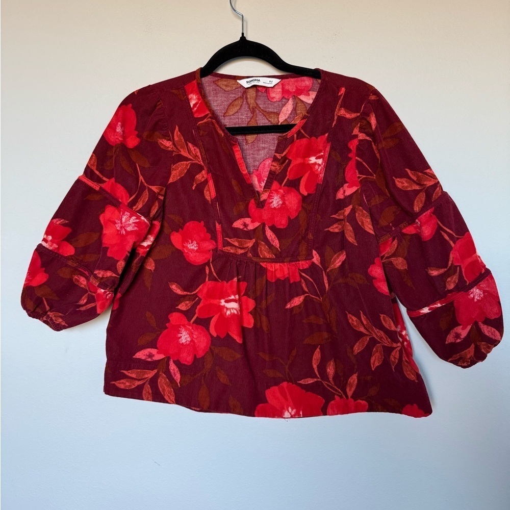 Sonoma Floral Corduroy Blouse Boho Cottagecore Puff Sleeve Top Petite Medium